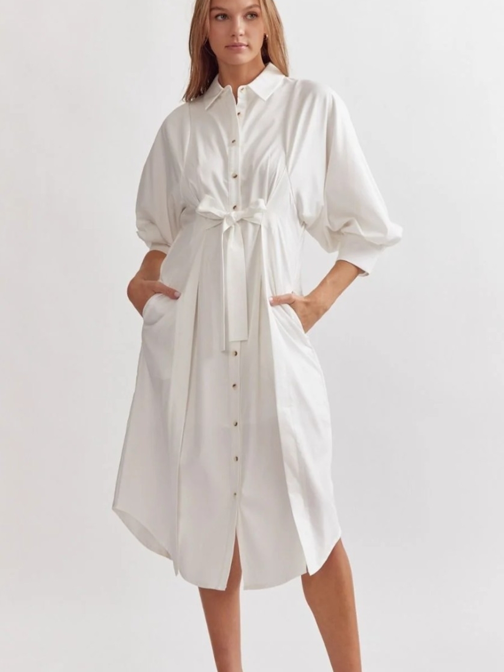 entro White Button-Front Tie-Waist Midi Shirt Dress